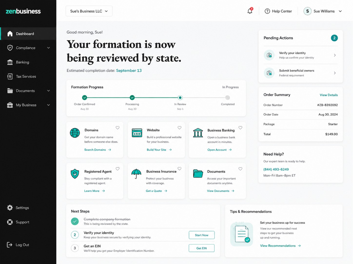 ZenBusiness dashboard